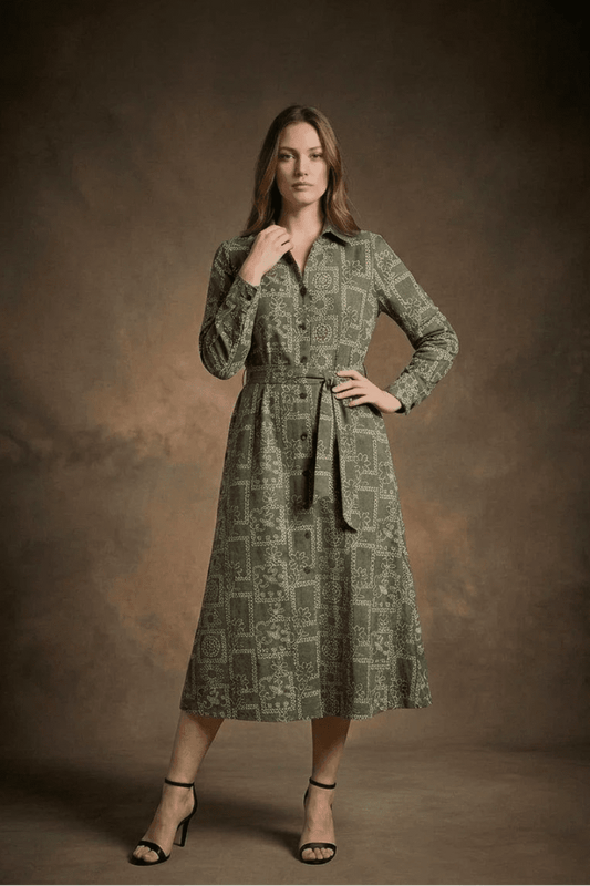 Olive Green Printed Tie - Up Midi Shirt Dress - The Bebla