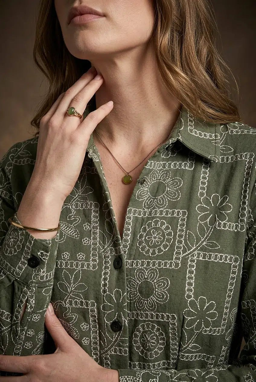 Olive Green Printed Tie - Up Midi Shirt Dress - The Bebla