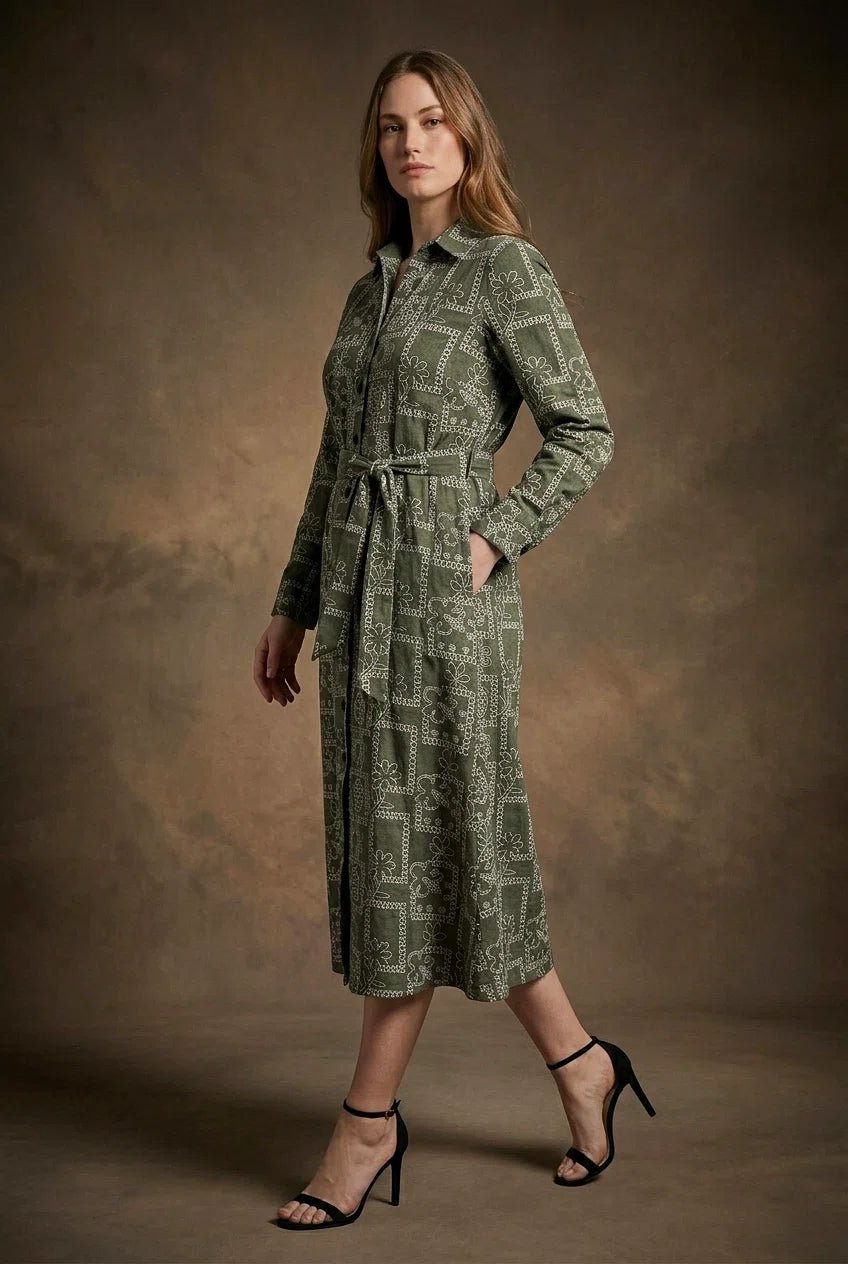 Olive Green Printed Tie - Up Midi Shirt Dress - The Bebla