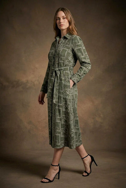 Olive Green Printed Tie - Up Midi Shirt Dress - The Bebla