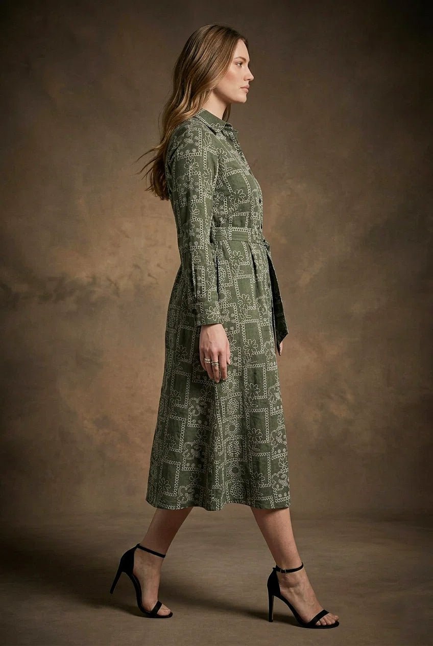 Olive Green Printed Tie - Up Midi Shirt Dress - The Bebla