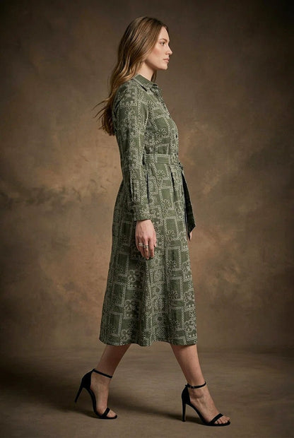 Olive Green Printed Tie - Up Midi Shirt Dress - The Bebla