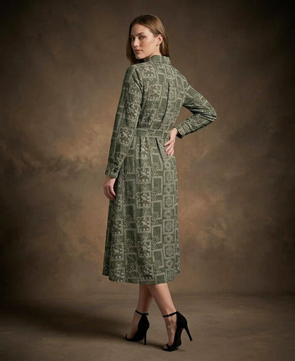 Olive Green Printed Tie - Up Midi Shirt Dress - The Bebla