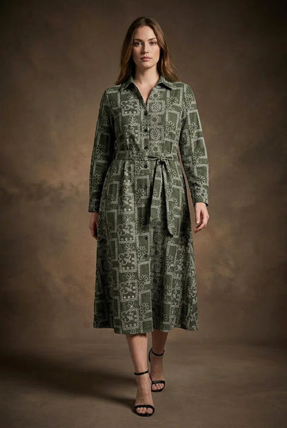 Olive Green Printed Tie - Up Midi Shirt Dress - The Bebla
