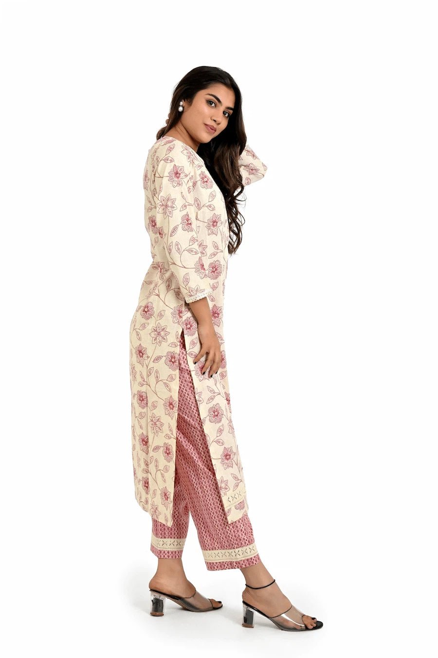 Pastel Pink Printed Kurta and Straight Pants - The Bebla