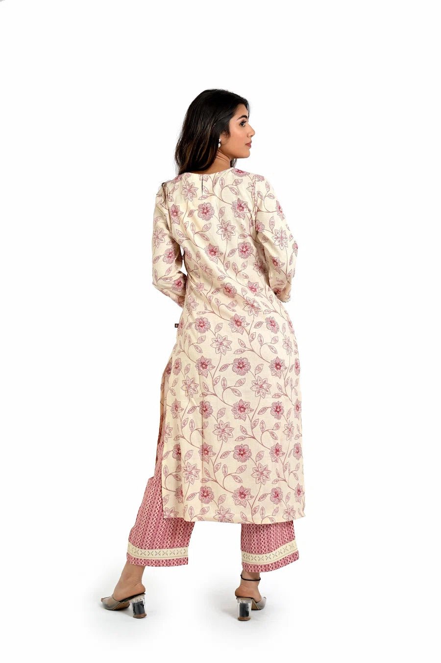 Pastel Pink Printed Kurta and Straight Pants - The Bebla