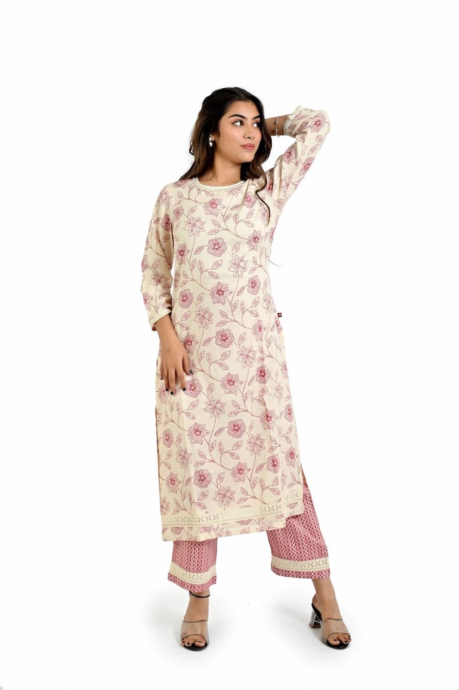 Pastel Pink Printed Kurta and Straight Pants - The Bebla