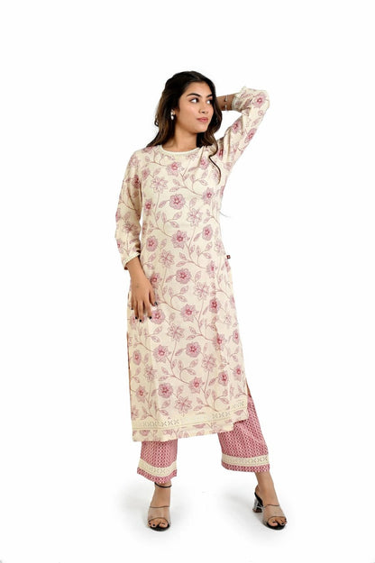 Pastel Pink Printed Kurta and Straight Pants - The Bebla