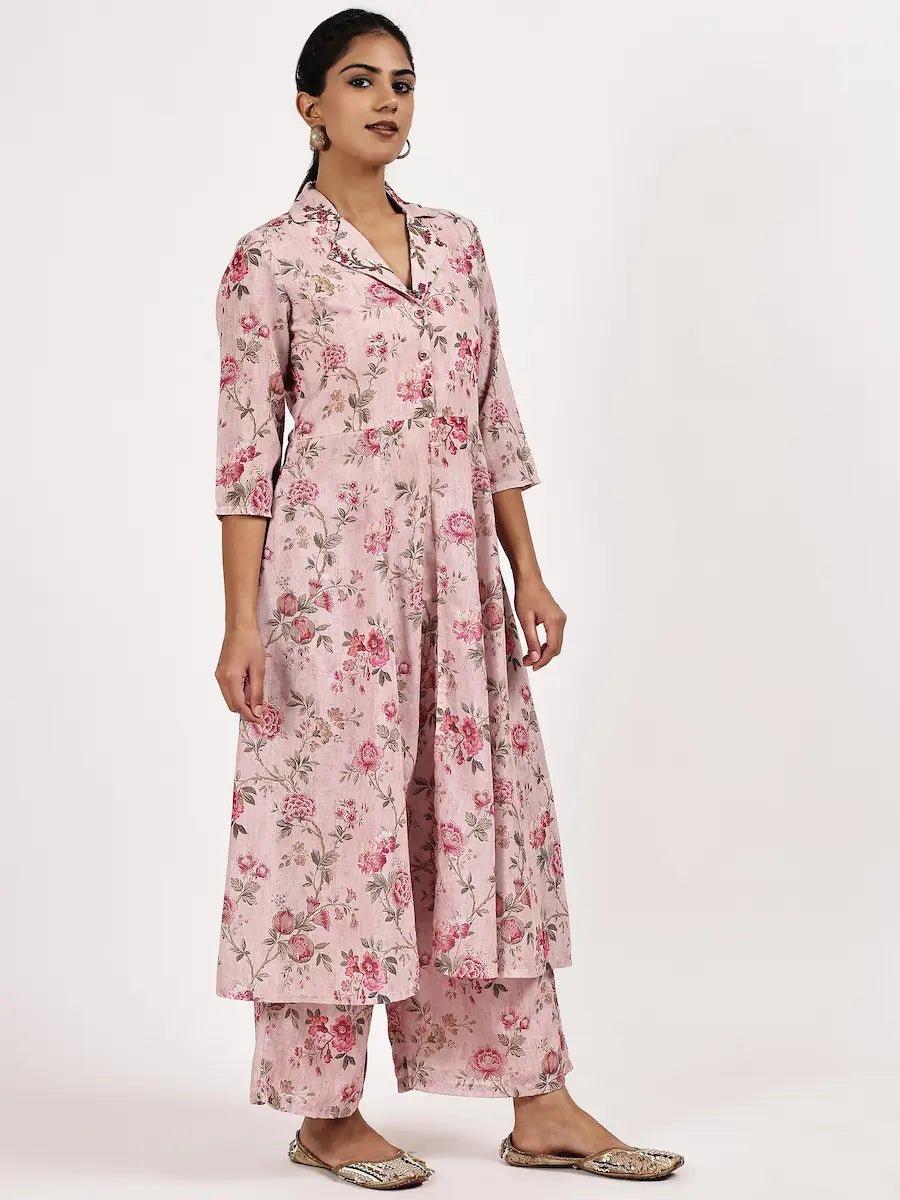 pink floral print kurta with palazzo - The Bebla