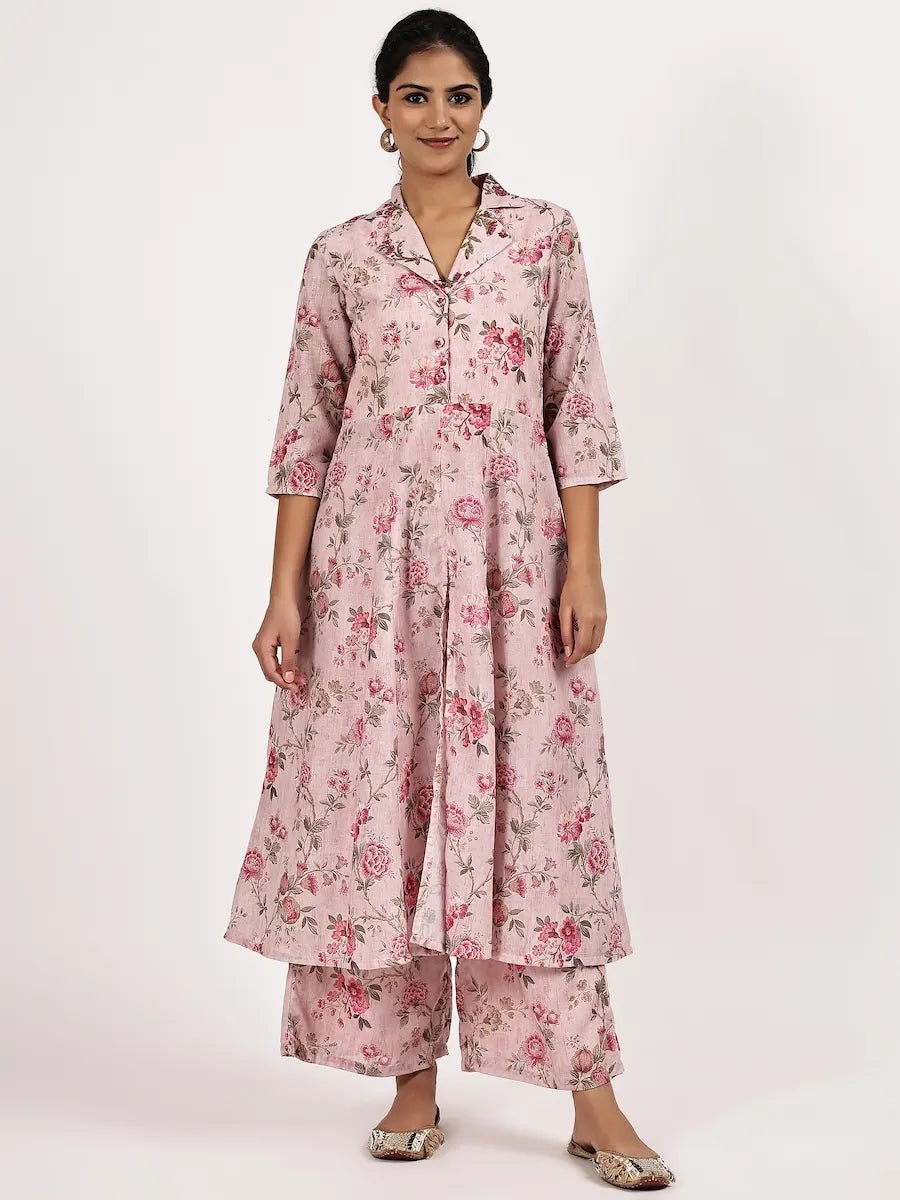 pink floral print kurta with palazzo - The Bebla