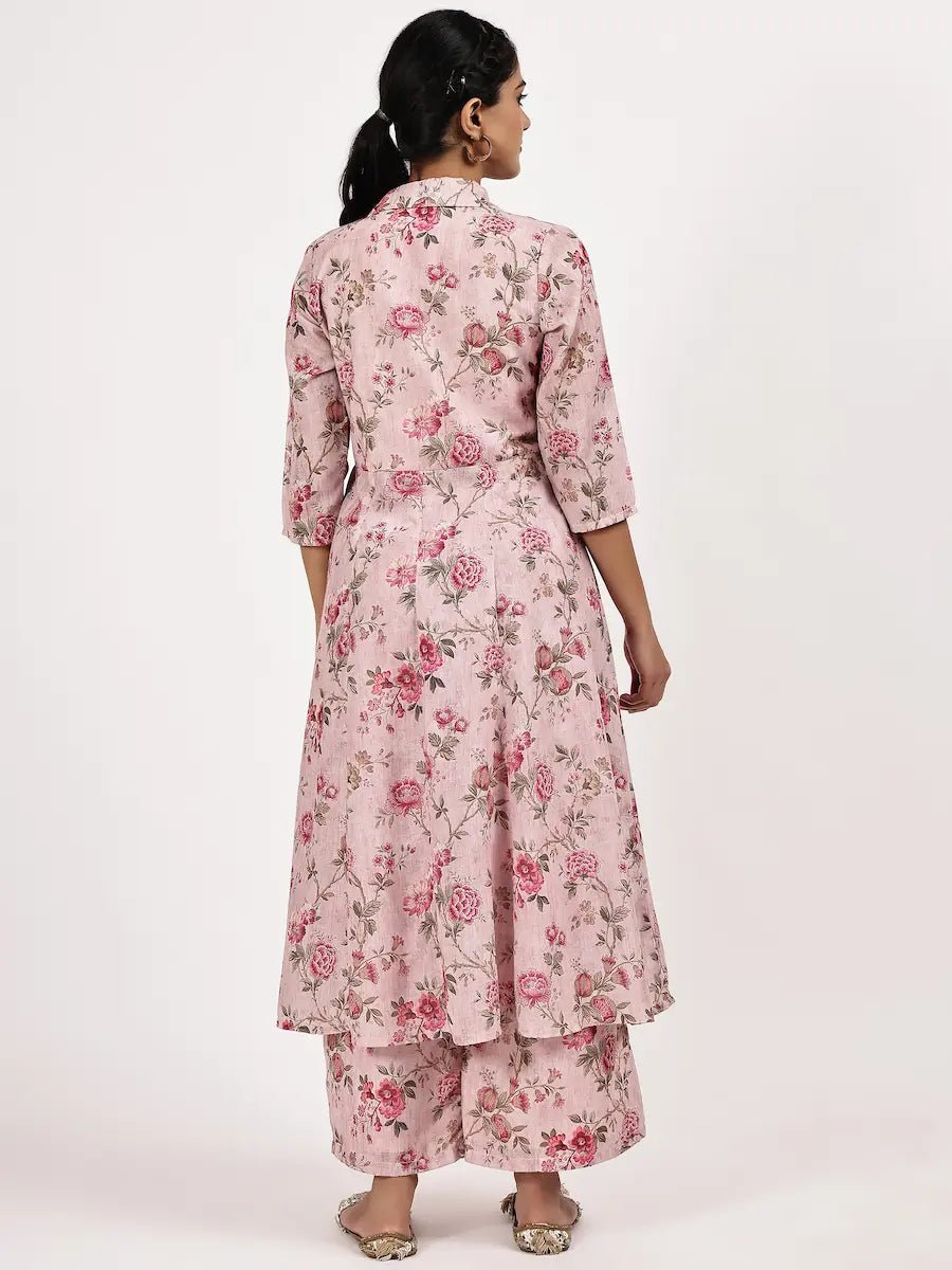 pink floral print kurta with palazzo - The Bebla