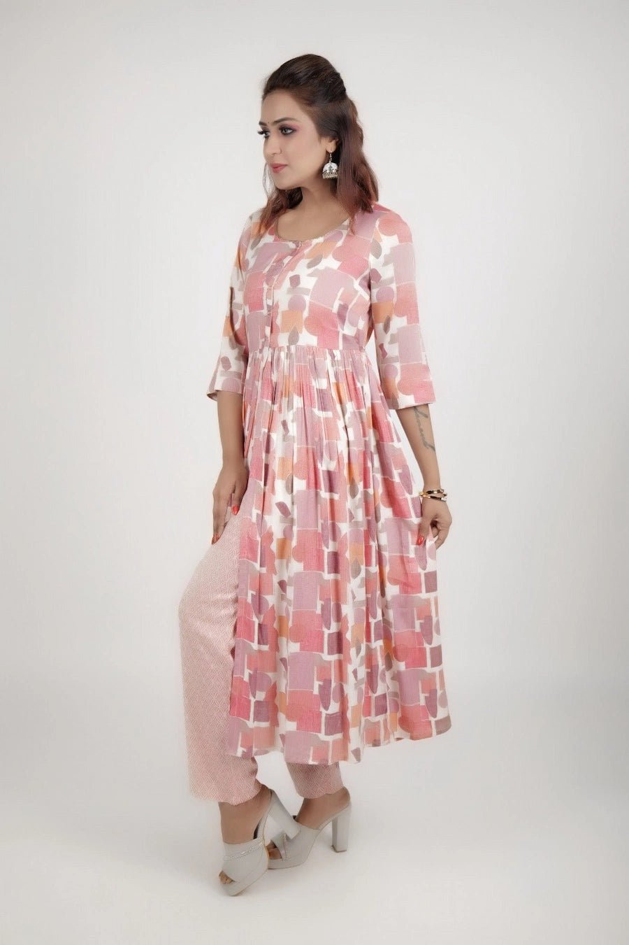 Pink Flower printed dress along with printed pants - The Bebla