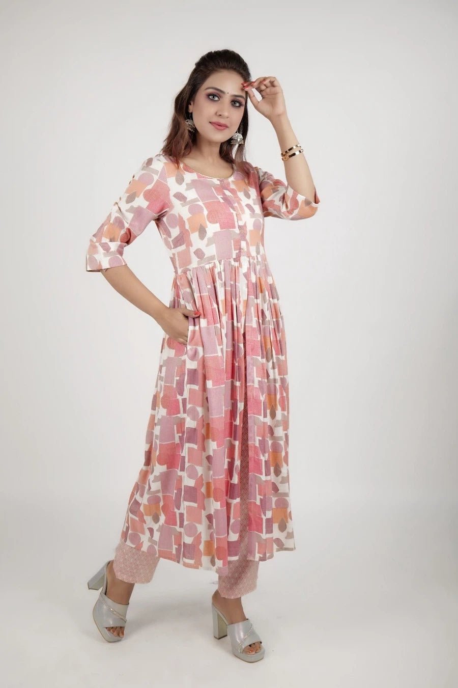Pink Flower printed dress along with printed pants - The Bebla