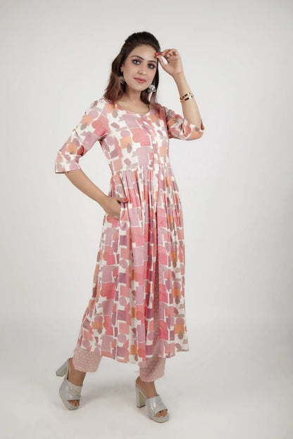 Pink Flower printed dress along with printed pants - The Bebla