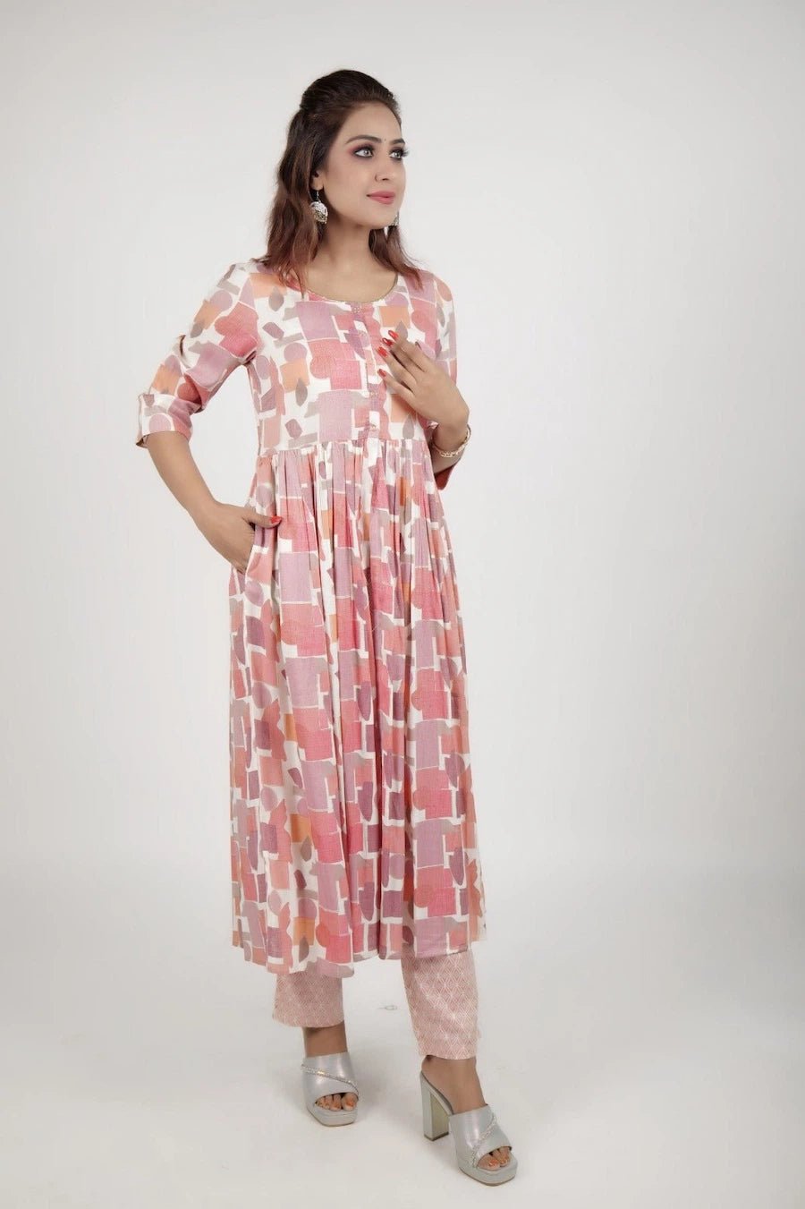 Pink Flower printed dress along with printed pants - The Bebla