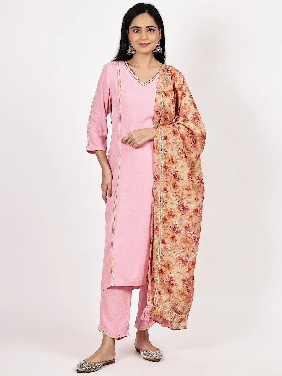 Pink Textured Kurta Set with Floral Dupatta - The Bebla