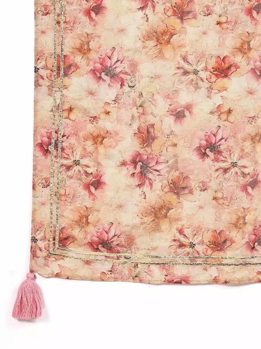 Pink Textured Kurta Set with Floral Dupatta - The Bebla