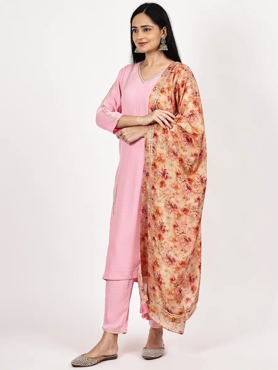 Pink Textured Kurta Set with Floral Dupatta - The Bebla