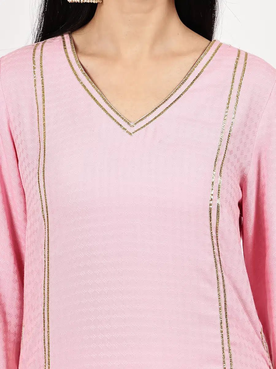 Pink Textured Kurta Set with Floral Dupatta - The Bebla