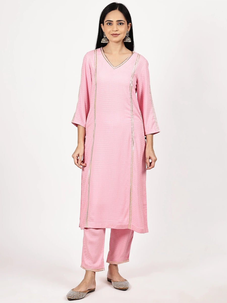Pink Textured Kurta Set with Floral Dupatta - The Bebla