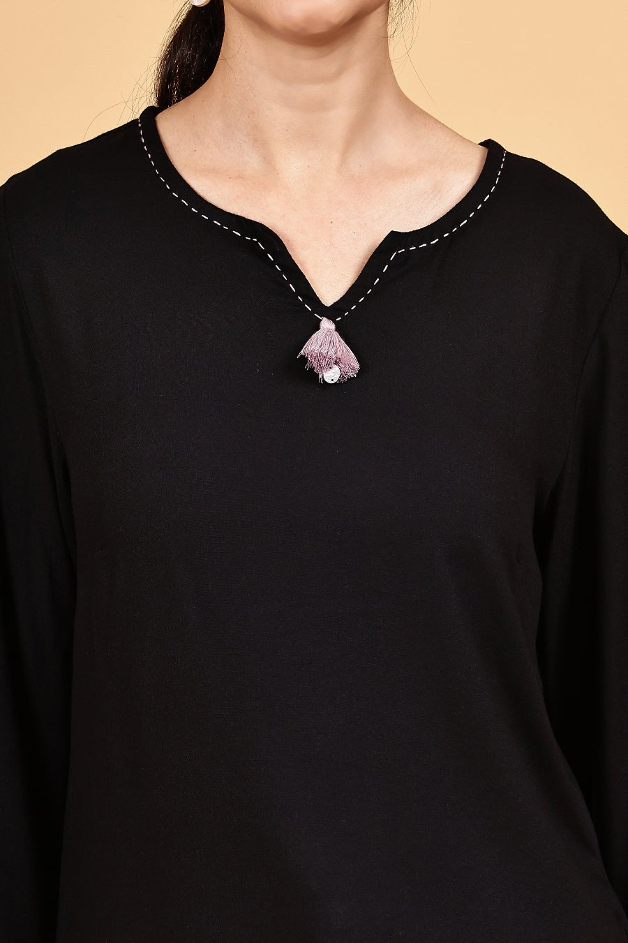 Rayon black V neck top with kaantha embroidery - The Bebla