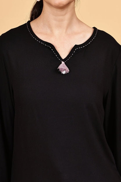 Rayon black V neck top with kaantha embroidery - The Bebla