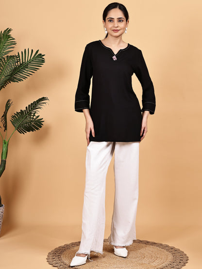 Rayon black V neck top with kaantha embroidery - The Bebla