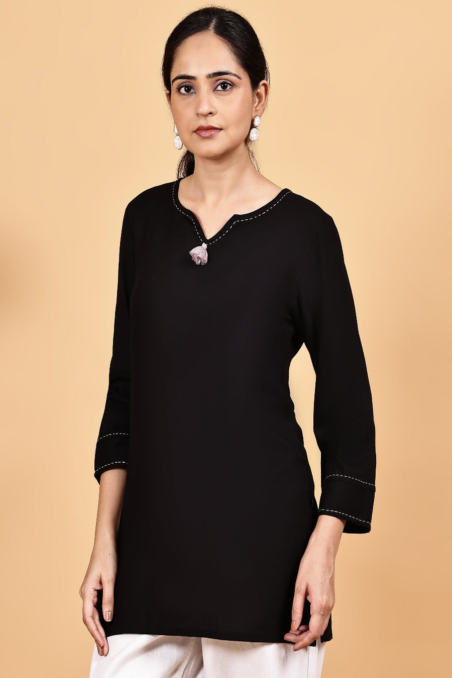 Rayon black V neck top with kaantha embroidery - The Bebla