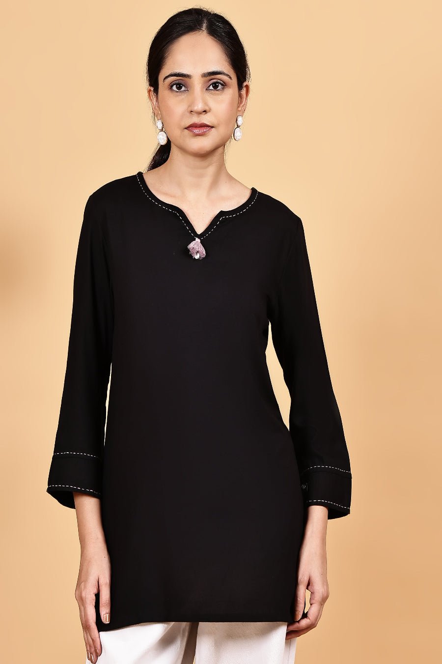 Rayon black V neck top with kaantha embroidery - The Bebla