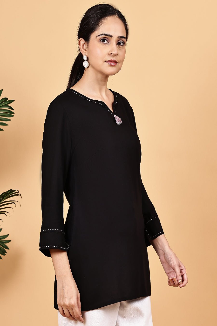 Rayon black V neck top with kaantha embroidery - The Bebla