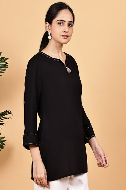 Rayon black V neck top with kaantha embroidery - The Bebla