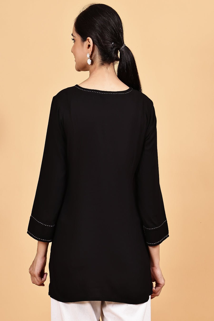 Rayon black V neck top with kaantha embroidery - The Bebla