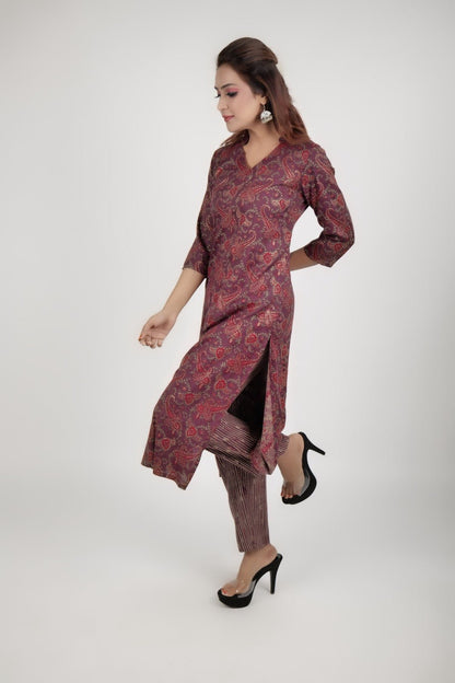 Red embossed printed kurta along with straight pants - The Bebla