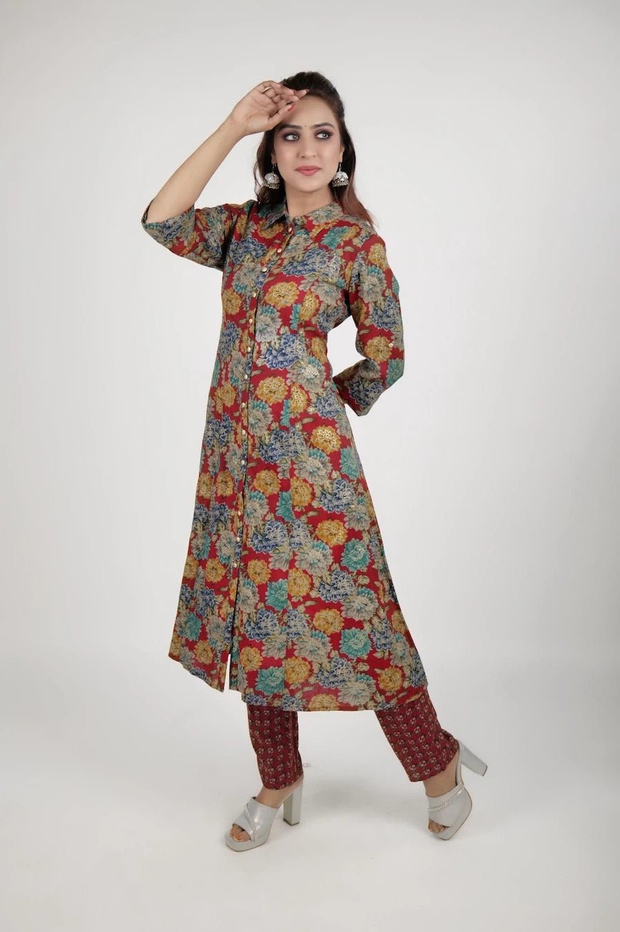 Red printed kurta along with pants - The Bebla