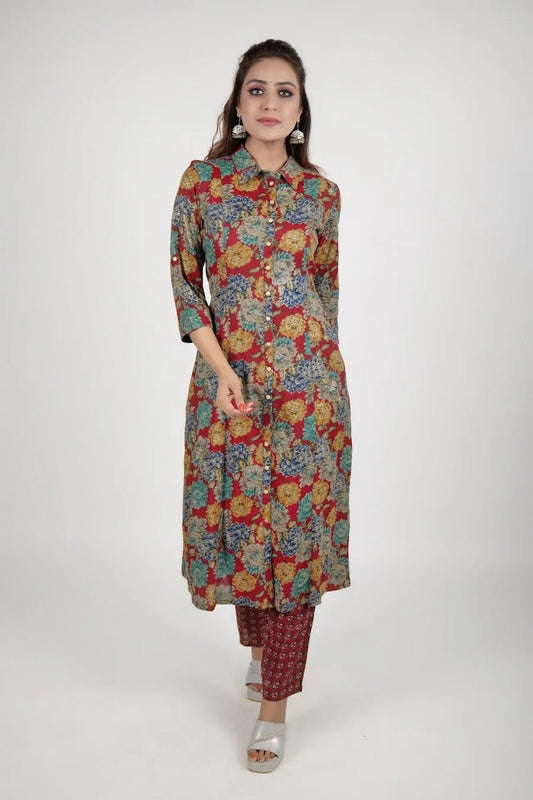 Red printed kurta along with pants - The Bebla