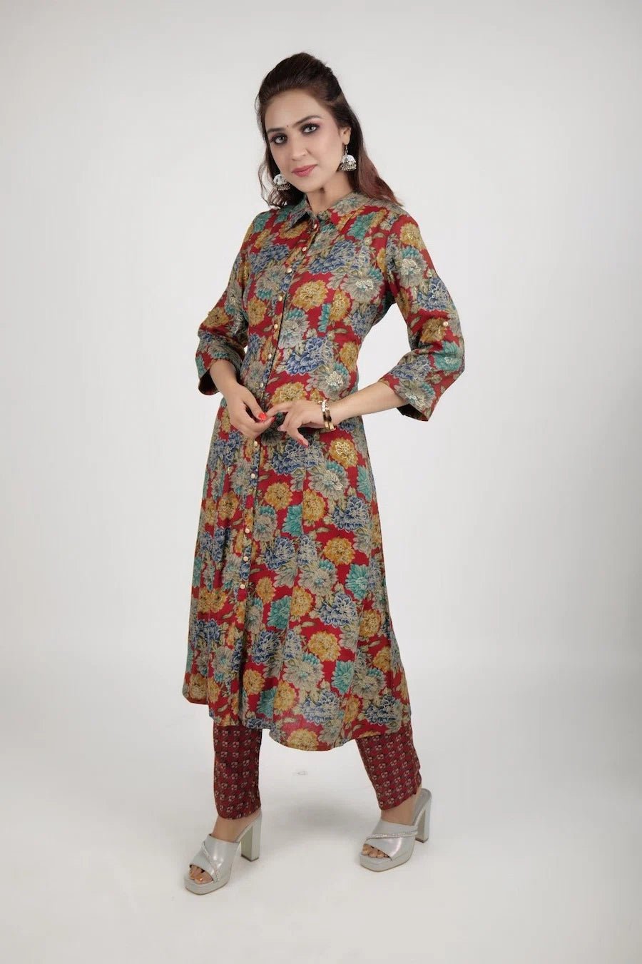 Red printed kurta along with pants - The Bebla