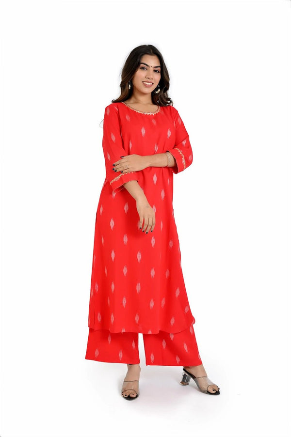 Red Printed Kurta and Straight Pants