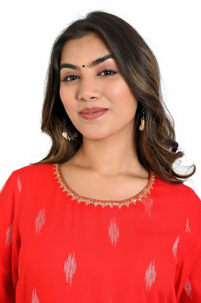 Red Printed Kurta and Straight Pants - The Bebla