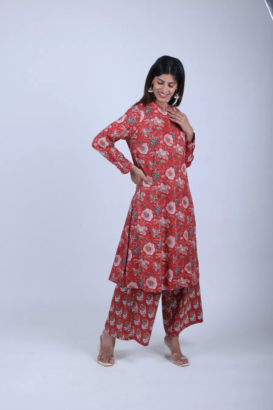 Red Printed Straight Kurta With Solid Pants