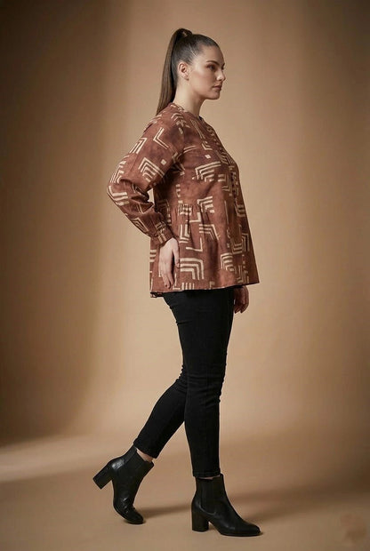 Rust Brown Geometric Printed Top with Button Detail - The Bebla