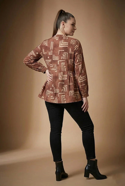Rust Brown Geometric Printed Top with Button Detail - The Bebla
