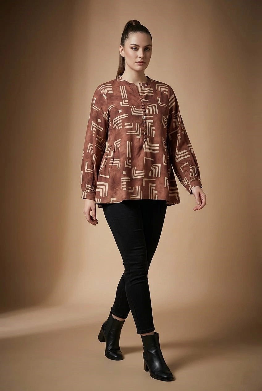 Rust Brown Geometric Printed Top with Button Detail - The Bebla