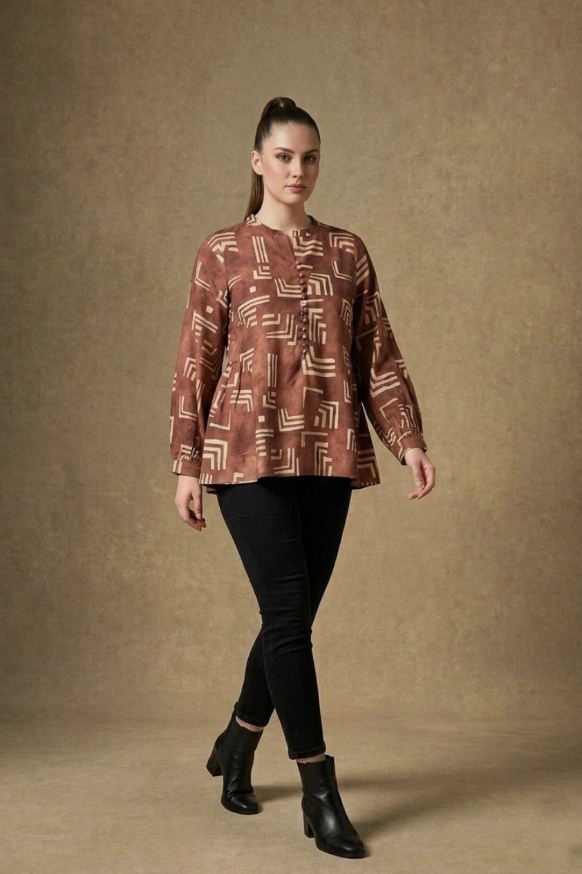 Rust Brown Geometric Printed Top with Button Detail - The Bebla