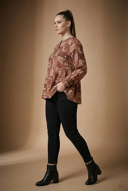 Rust Brown Geometric Printed Top with Button Detail - The Bebla