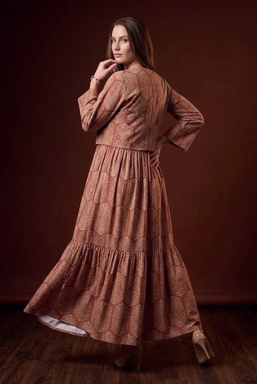 Rust Floral Printed Tiered Maxi Dress with Shrug - The Bebla