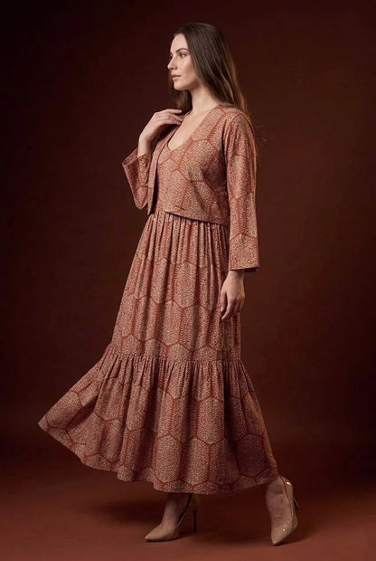 Rust Floral Printed Tiered Maxi Dress with Shrug - The Bebla