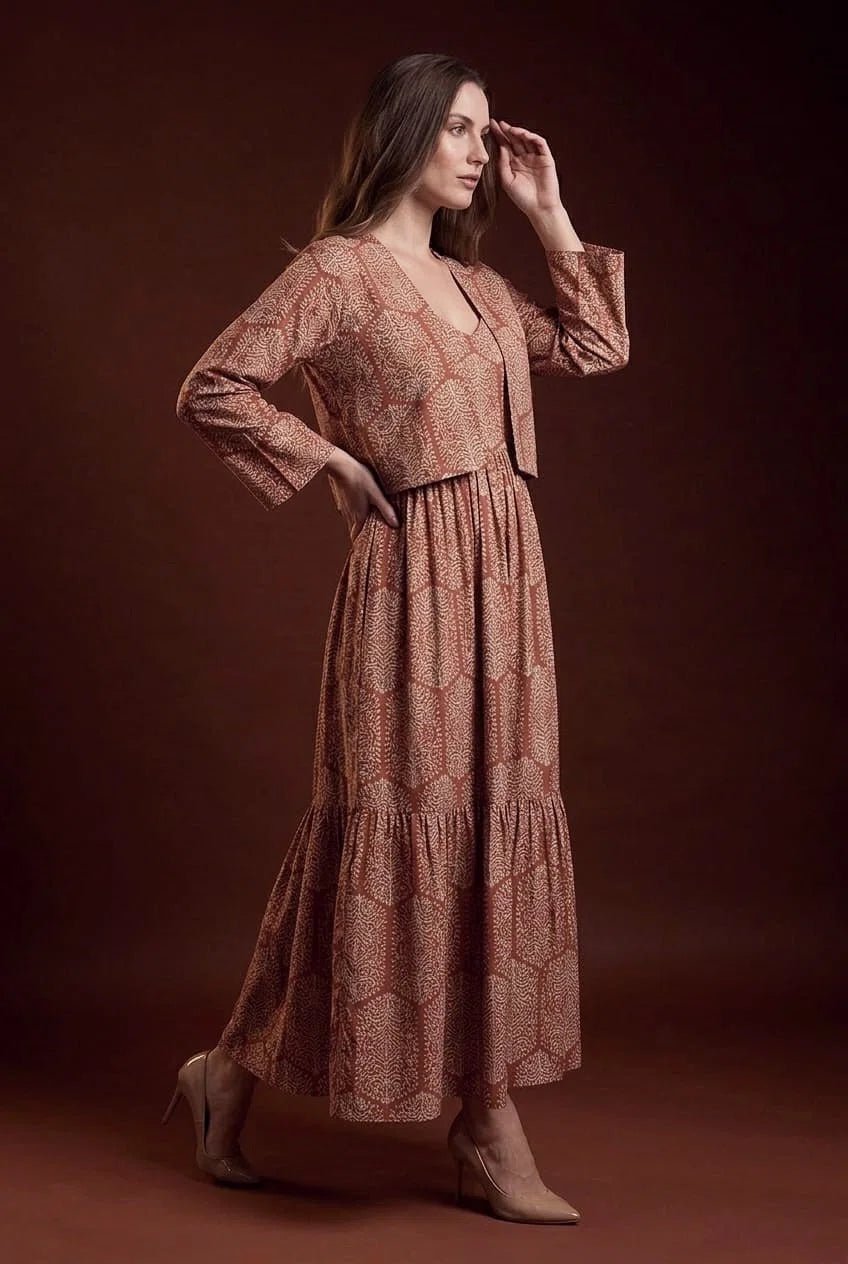 Rust Floral Printed Tiered Maxi Dress with Shrug - The Bebla