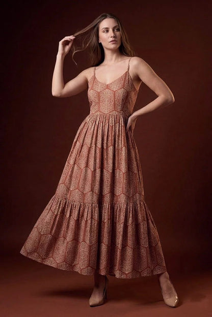 Rust Floral Printed Tiered Maxi Dress with Shrug - The Bebla