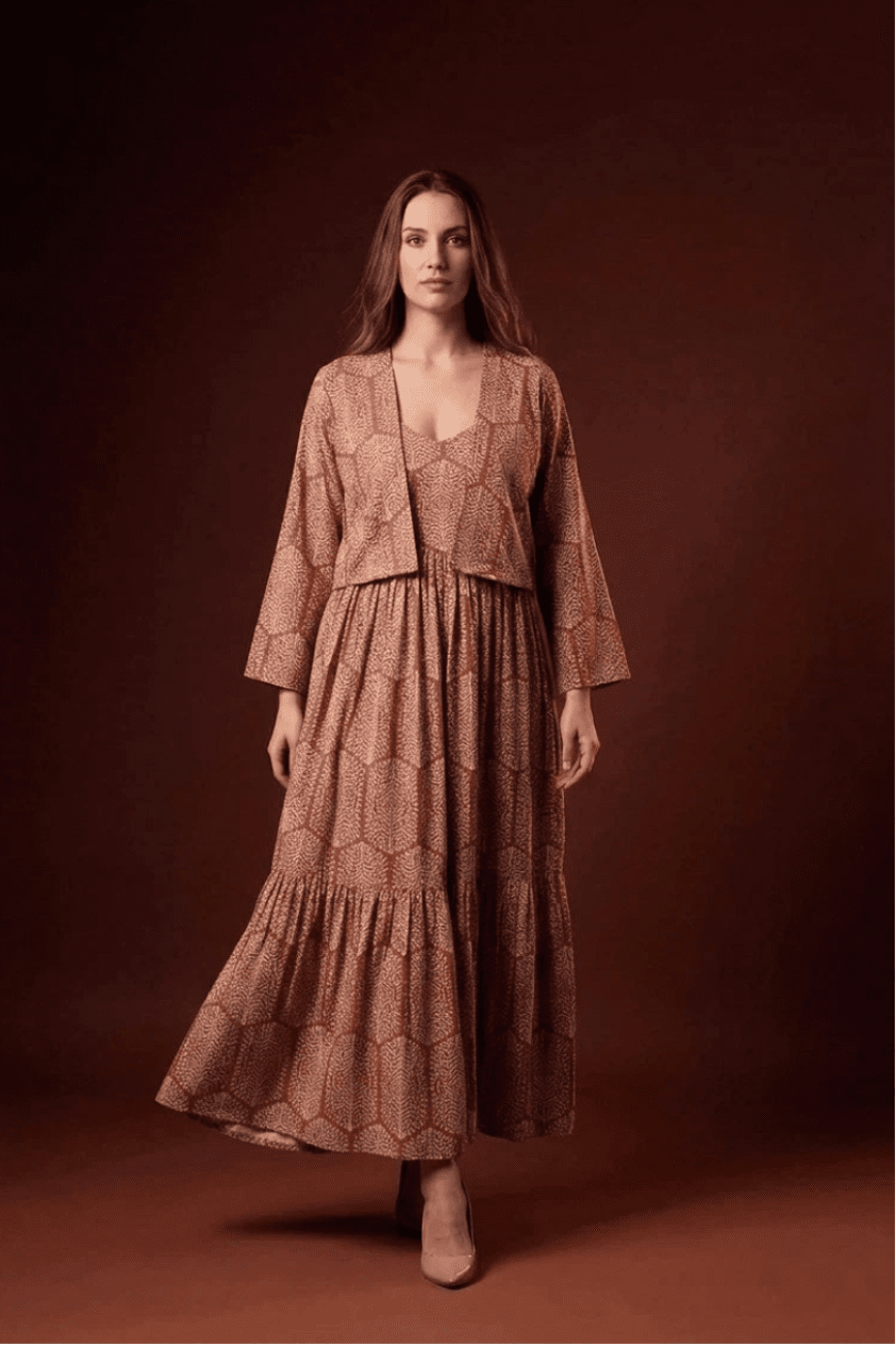 Rust Floral Printed Tiered Maxi Dress with Shrug - The Bebla