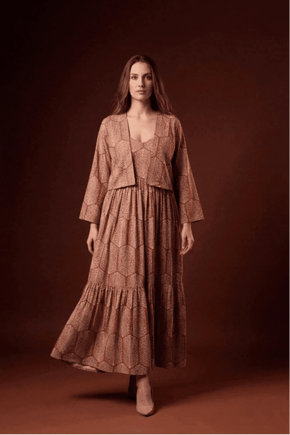Rust Floral Printed Tiered Maxi Dress with Shrug - The Bebla